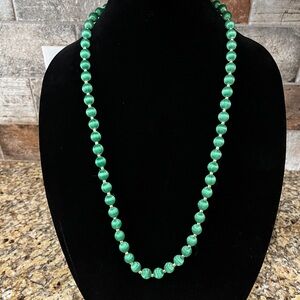 Vintage - Green Silk Wrapped Beaded Necklace with Gold Tone Accent Beads